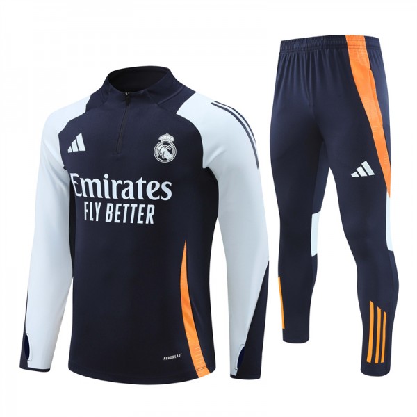 Real Madrid Tracksuits Long Sleeve Soccer Training Uniforms Dark Blue-White