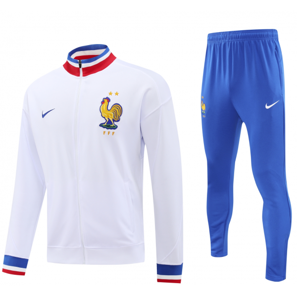 France Full Zip Jacket Long Sleeve Soccer Training Coat White for Football Fans